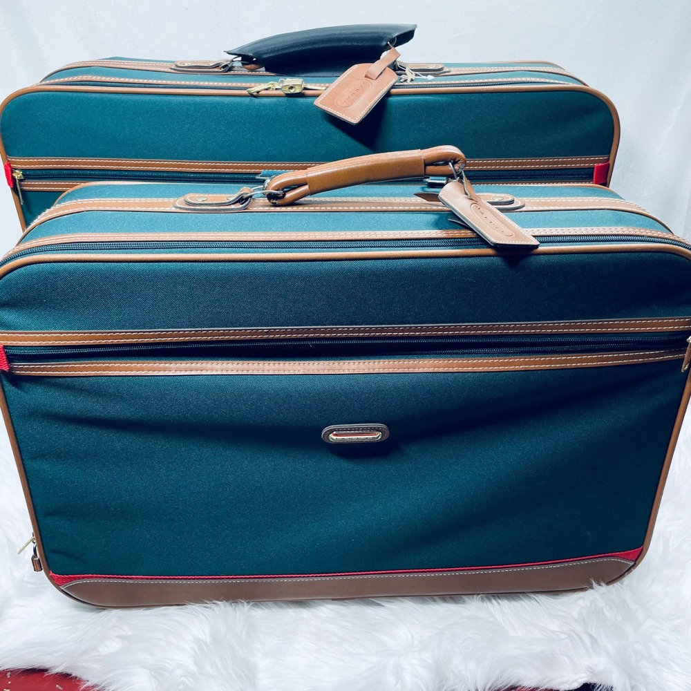 Jaguar Rolling Suitcase Green Canvas Faux Leather Large Vintage Bag
